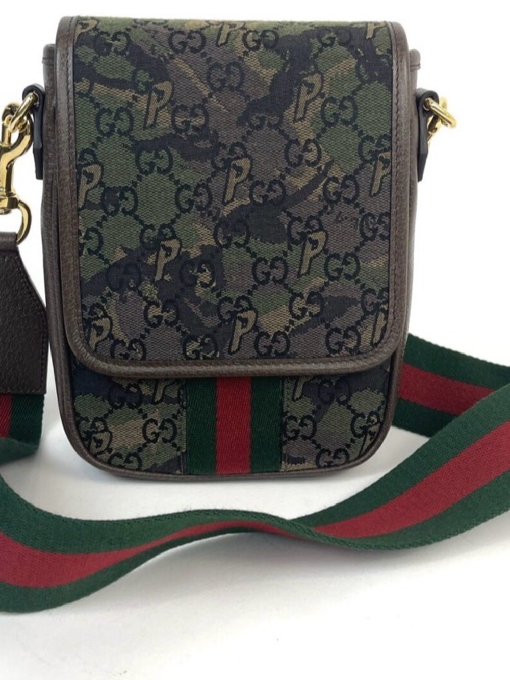 Gucci Green/Brown Monogram Crossbody with Red/Green Web Strap
